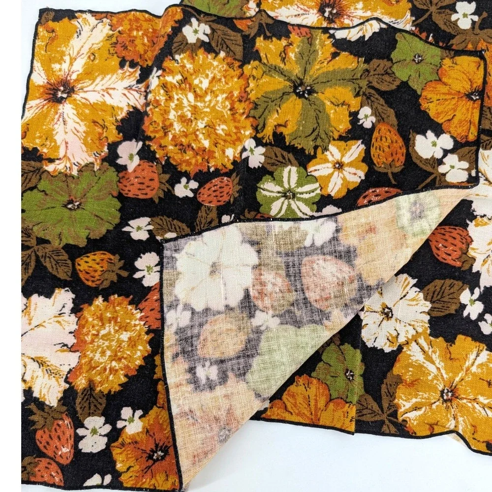 Vintage MCM Linen Napkins Set 4 70s Floral Strawberry Print Mustard Orange 15